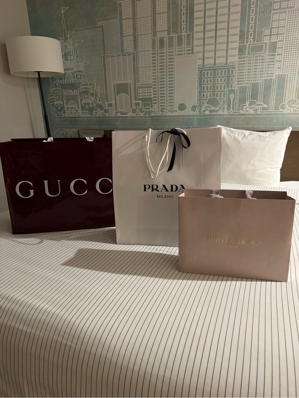 Gucci, Prada & Jimmy Choo Luxury Shopping Bags - White, Burgundy & Blush